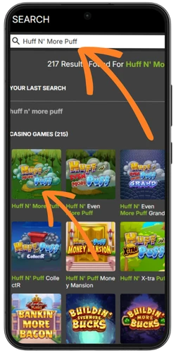 Finding and launching the Huff N' More Puff slot in the casino lobby