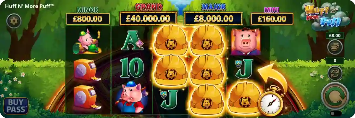 Huff N' More Puff gameplay showing the four-tier jackpots Mini, Minor, Major and Grand with Hard Hat symbols