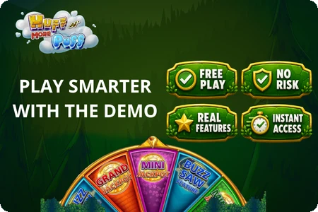 Play smarter with the Huff N' More Puff demo banner showing Free Play and Real Features badges